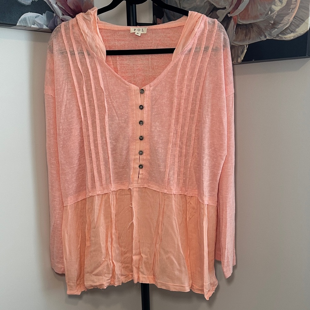 POL Women's Coral Sheer Button-Up Blouse